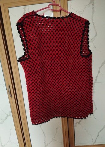 Kırmızı Örgü V Yaka Kadın Yelek - Görsel 3