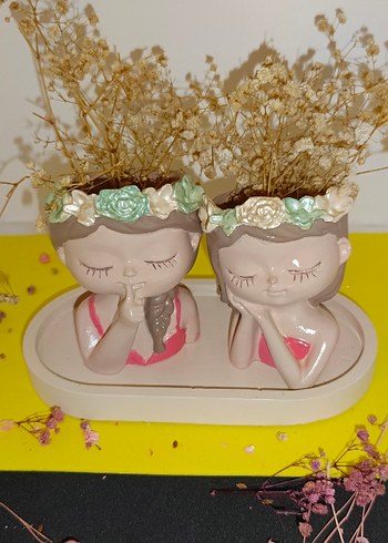 Pembe Pastel Çiçekli Kız Figürlü Saksı Seti - Görsel 2