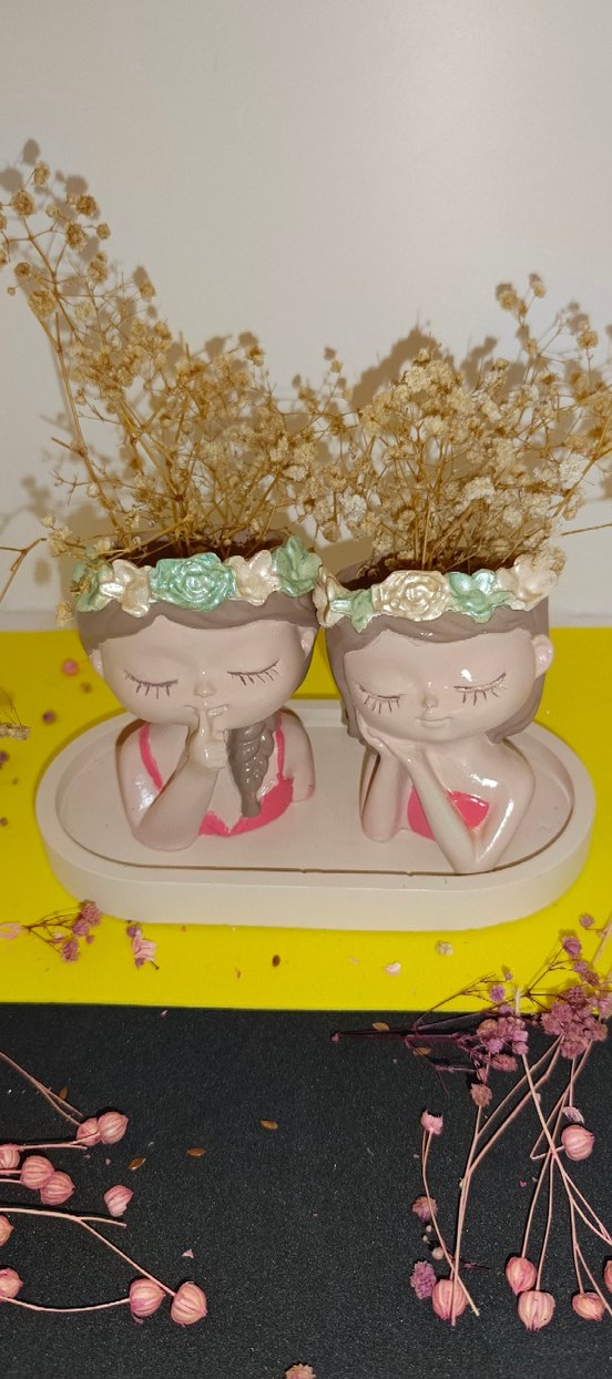 Pembe Pastel Çiçekli Kız Figürlü Saksı Seti - Görsel 2