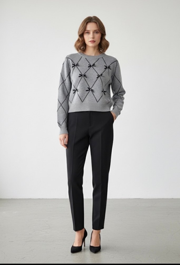 Gri Triko Kumaş Kadın Kazak - Görsel 3