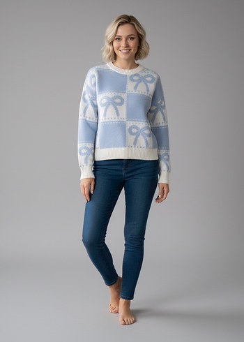 Mavi Kurdele Desenli Örgü Kadın Kazak - Görsel 6