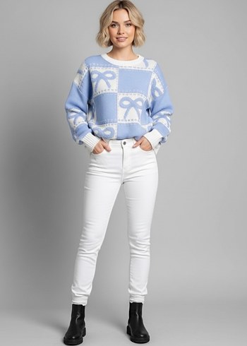 Mavi Kurdele Desenli Örgü Kadın Kazak - Görsel 2