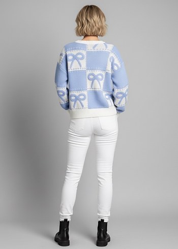 Mavi Kurdele Desenli Örgü Kadın Kazak - Görsel 3