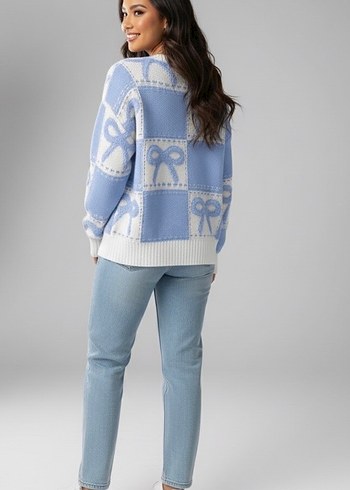 Mavi Kurdele Desenli Örgü Kadın Kazak - Görsel 5