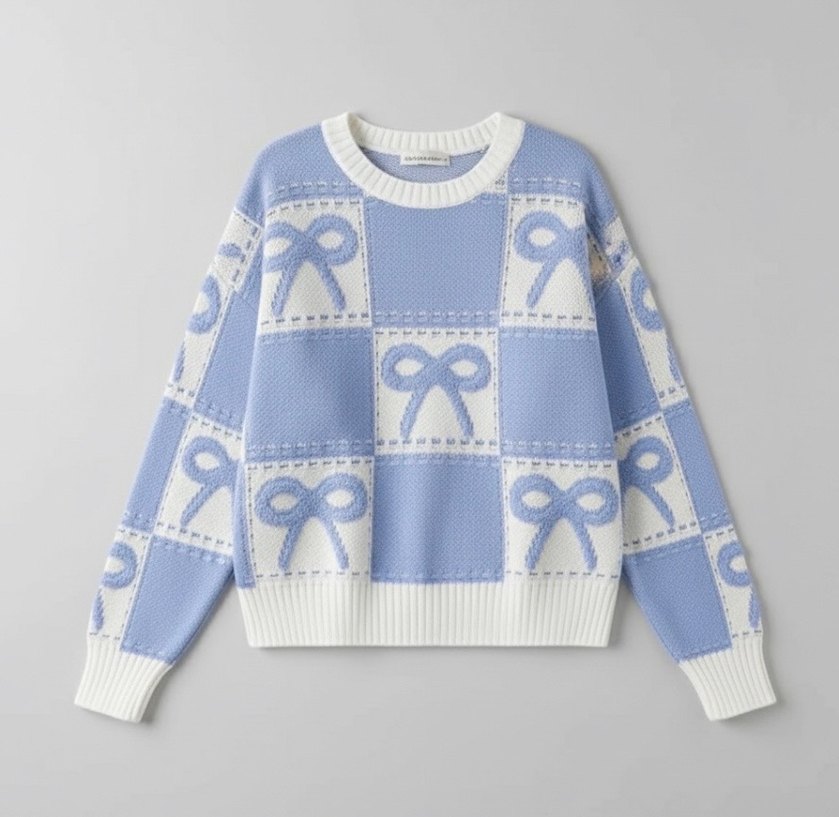 Mavi Kurdele Desenli Örgü Kadın Kazak - Görsel 4