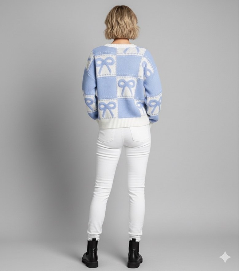 Mavi Kurdele Desenli Örgü Kadın Kazak - Görsel 3