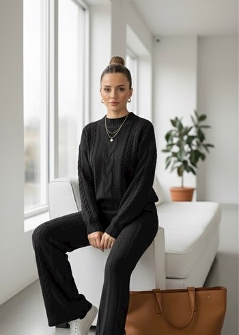 Kalın Saç Örgü Kadın Triko Alt Üst takım - Görsel 3