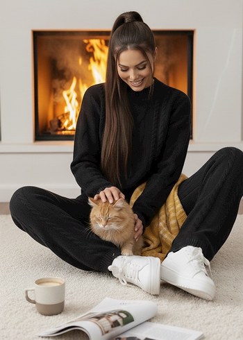 Kalın Saç Örgü Kadın Triko Alt Üst takım - Görsel 2