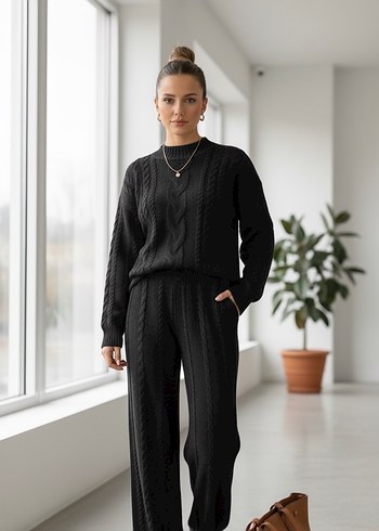 Kalın Saç Örgü Kadın Triko Alt Üst takım - Görsel 4