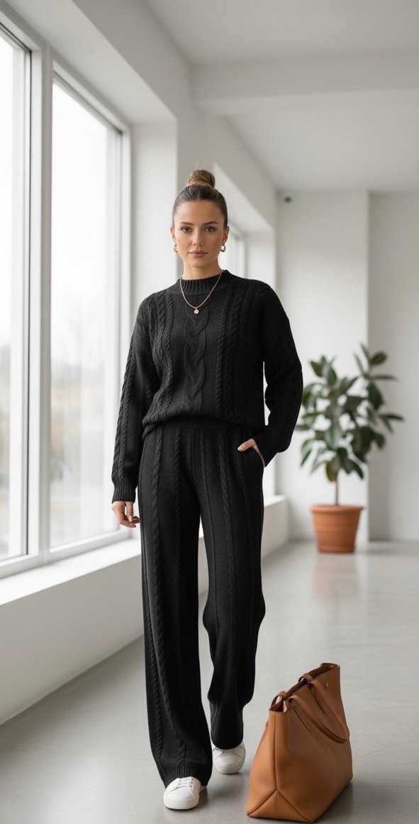 Kalın Saç Örgü Kadın Triko Alt Üst takım - Görsel 4