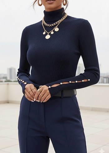 Düğmeli Lacivert Balıkçı Yaka Kadın Kazak - Görsel 9