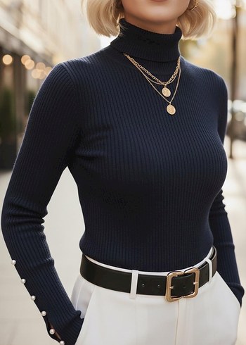 Düğmeli Lacivert Balıkçı Yaka Kadın Kazak - Görsel 5