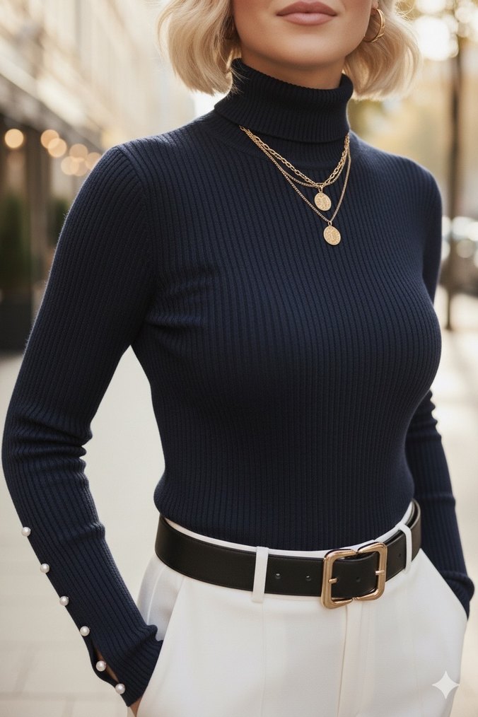 Düğmeli Lacivert Balıkçı Yaka Kadın Kazak - Görsel 4