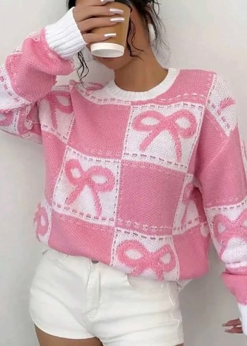 Kurdele Desenli Kareli  Kadın Triko Kazak - Görsel 6