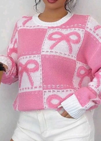 Kurdele Desenli Kareli  Kadın Triko Kazak - Görsel 5