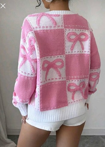 Kurdele Desenli Kareli  Kadın Triko Kazak - Görsel 2