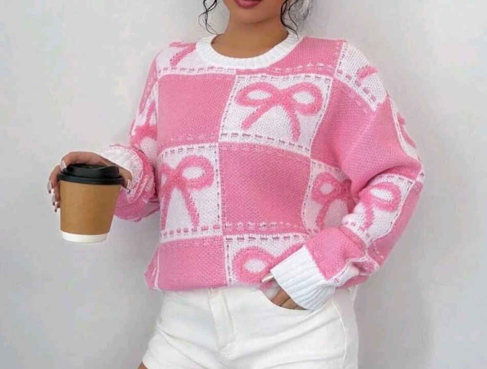 Kurdele Desenli Kareli  Kadın Triko Kazak - Görsel 5