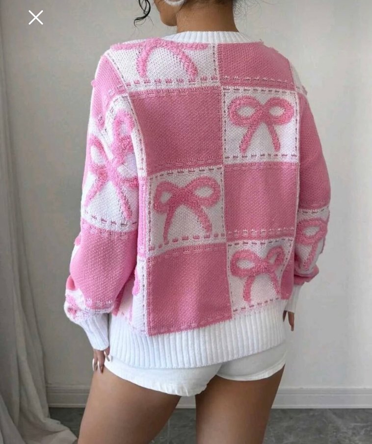 Kurdele Desenli Kareli  Kadın Triko Kazak - Görsel 2