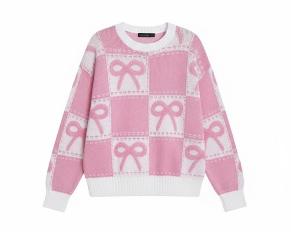 Pembe Kurdele Desenli Salaş Kadın Kazak - Görsel 2