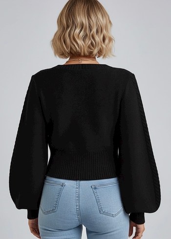 Siyah Örgü Crop Kazak - Görsel 4