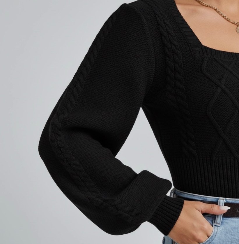 Siyah Örgü Crop Kazak - Görsel 2