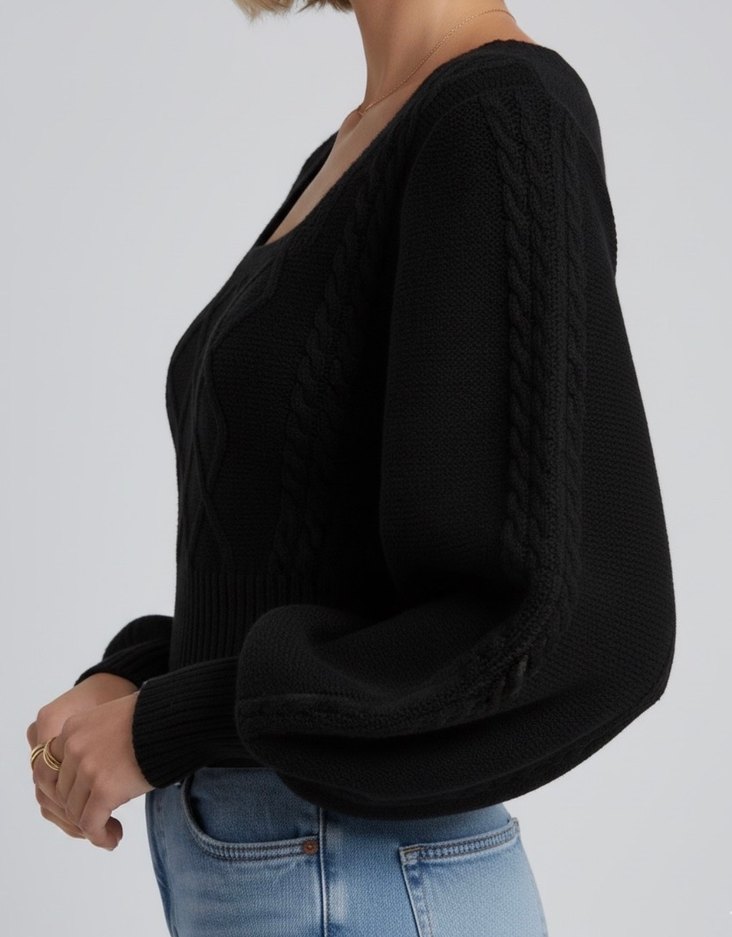 Siyah Örgü Crop Kazak - Görsel 3