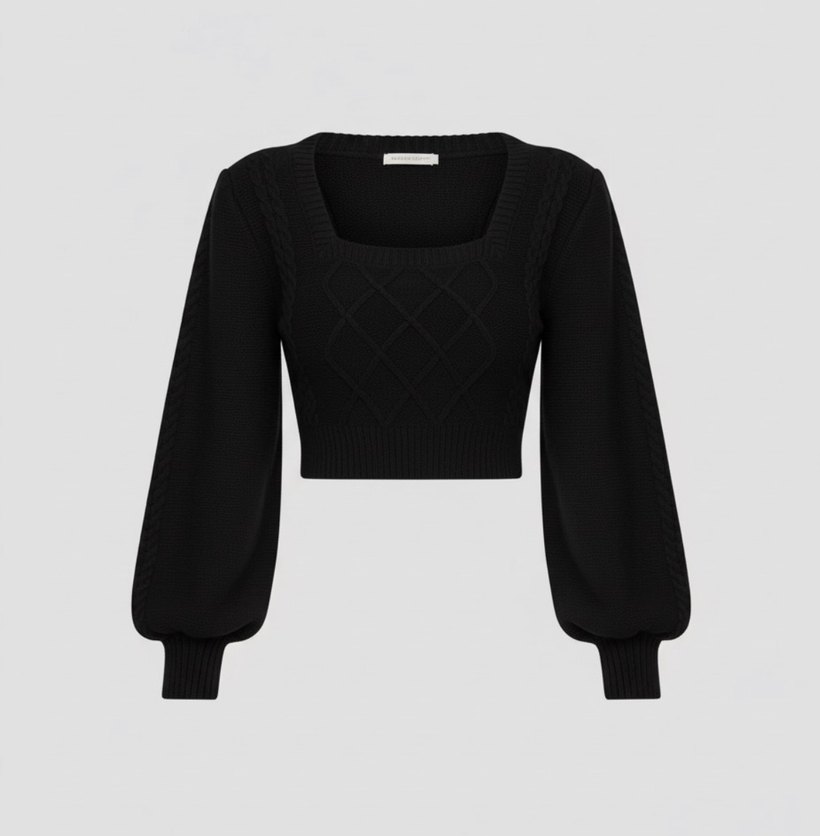 Siyah Örgü Crop Kazak - Görsel 5