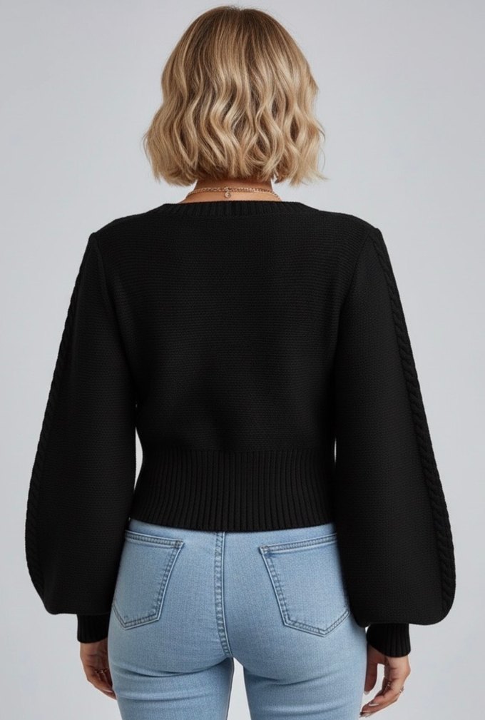 Siyah Örgü Crop Kazak - Görsel 4