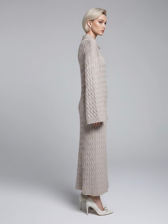 Bej Triko Uzun Kadın Elbise - Görsel 3