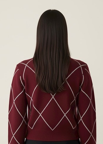 Bordo Nakışlı Kadın Triko Kazak - Görsel 5