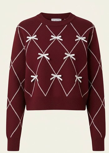 Bordo Nakışlı Kadın Triko Kazak - Görsel 3