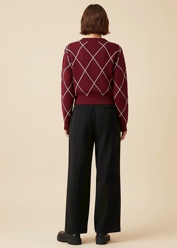 Bordo Nakışlı Kadın Triko Kazak - Görsel 4