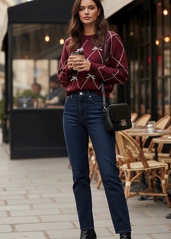 Bordo Nakışlı Kadın Triko Kazak - Görsel 6