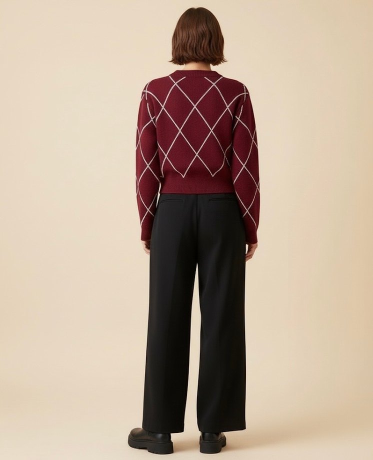 Bordo Nakışlı Kadın Triko Kazak - Görsel 4