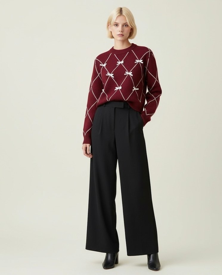 Bordo Nakışlı Kadın Triko Kazak - Görsel 2