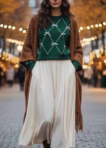 Kadın Yeşil Örgü Midi Kazak - Görsel 6