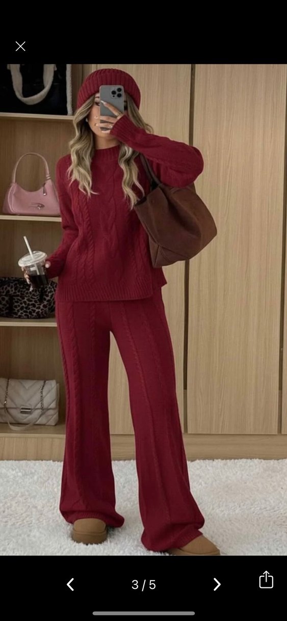 Bordo Örgü Kadın Salaş triko ikli Takımı - Görsel 3