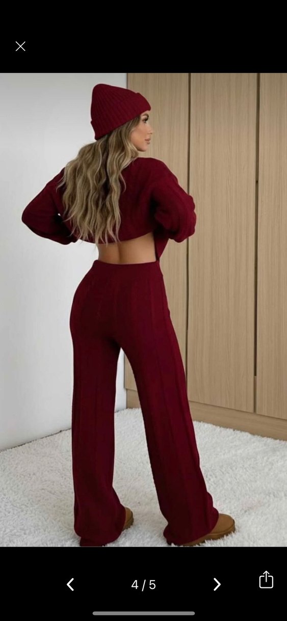 Bordo Örgü Kadın Salaş triko ikli Takımı - Görsel 2