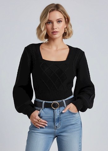 Siyah Sandık Yaka Balon Kol Örgü Kadın Kazak - Görsel 4