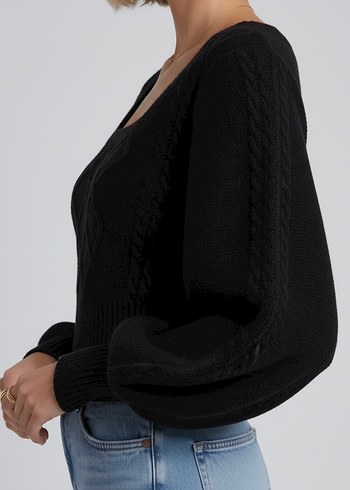 Siyah Sandık Yaka Balon Kol Örgü Kadın Kazak - Görsel 3