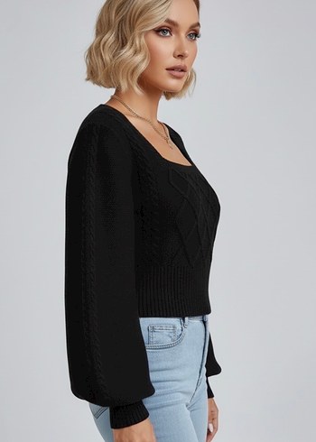 Siyah Sandık Yaka Balon Kol Örgü Kadın Kazak - Görsel 6