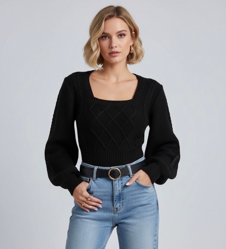 Siyah Sandık Yaka Balon Kol Örgü Kadın Kazak - Görsel 4