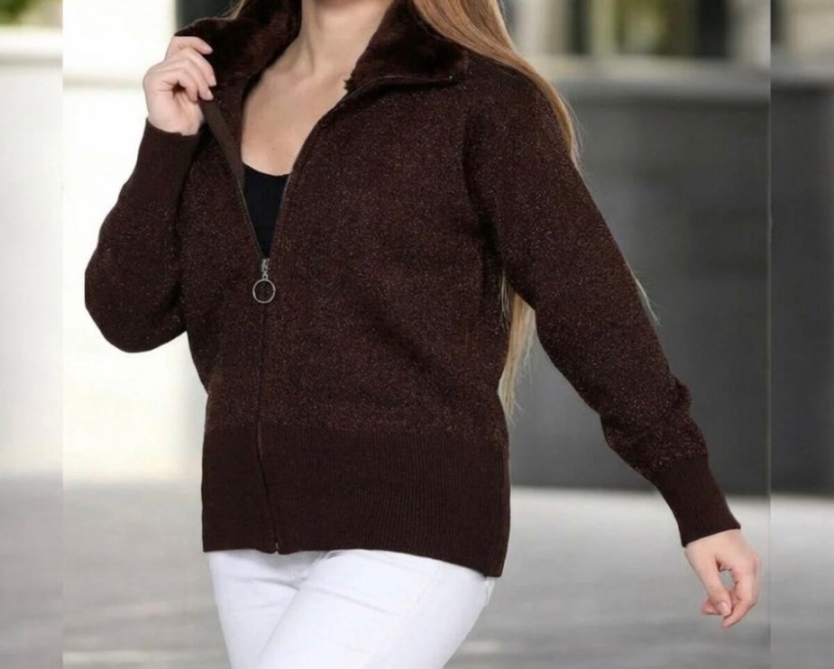 Kadın Kahverengi Parlak Triko Hırka - Görsel 2