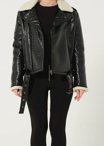 Siyah Parlak Deri Biker Ceket - Görsel 2