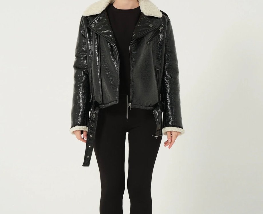 Siyah Parlak Deri Biker Ceket - Görsel 2