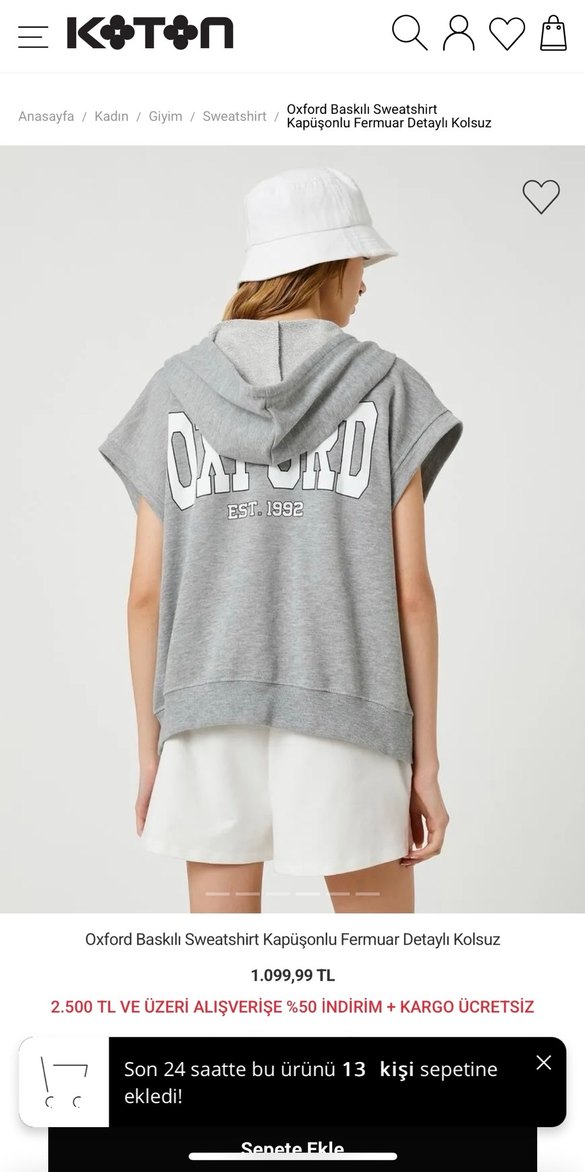 Oxford Baskılı Kapüşonlu Kolsuz Sweatshirt - Görsel 2