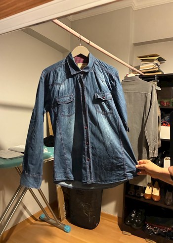 XXL Gri Mavi Denim Erkek Gömlek - Görsel 5