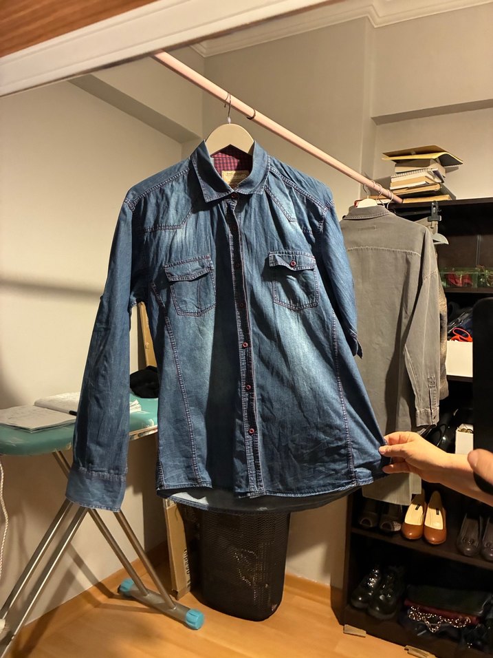 XXL Gri Mavi Denim Erkek Gömlek - Görsel 5