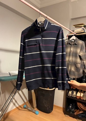 Dik Yakalı Çizgili Fermuarlı Erkek Kazak - Görsel 5