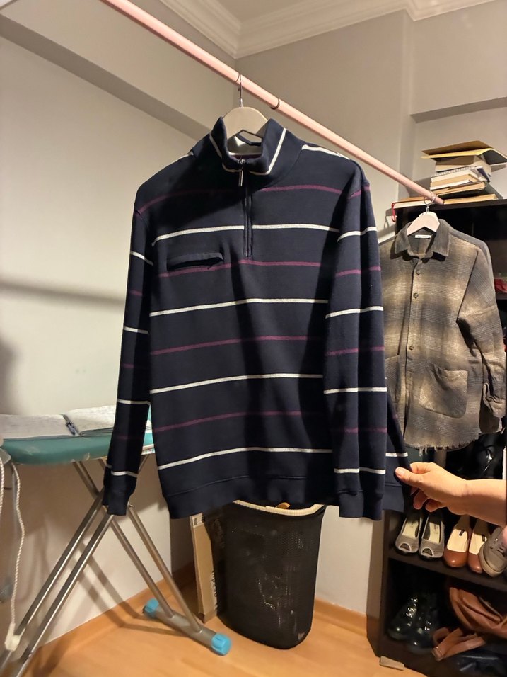 Dik Yakalı Çizgili Fermuarlı Erkek Kazak - Görsel 3